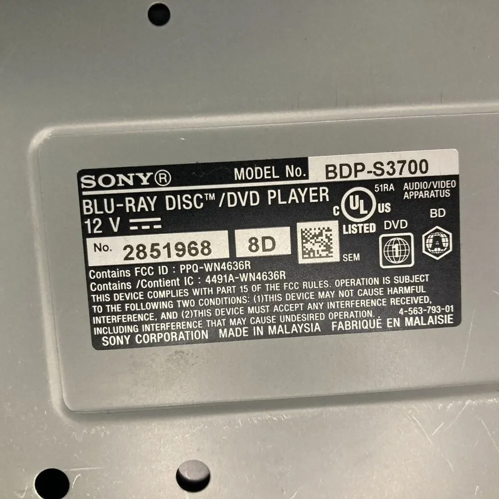 Sony BDP-S3700 Streaming Blu-ray DVD Player WiFi HDMI USB Player Only Untested